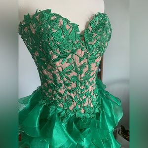 SOLD; Sherri Hill strapless high-low gown #11093 Emerald